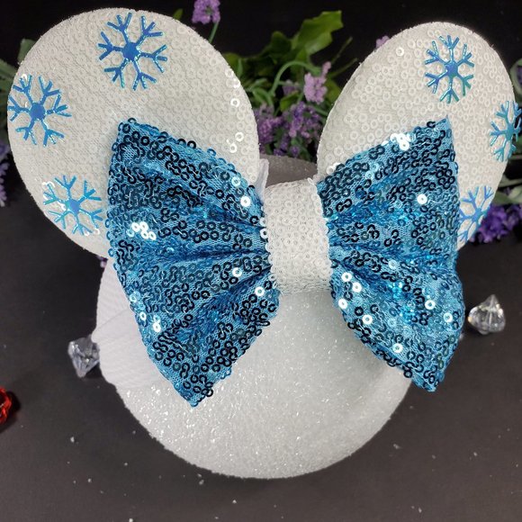 Boutique Other - Frozen Hair Accessories with Blue Snow Flakes Mouse Ears Turban White Headband